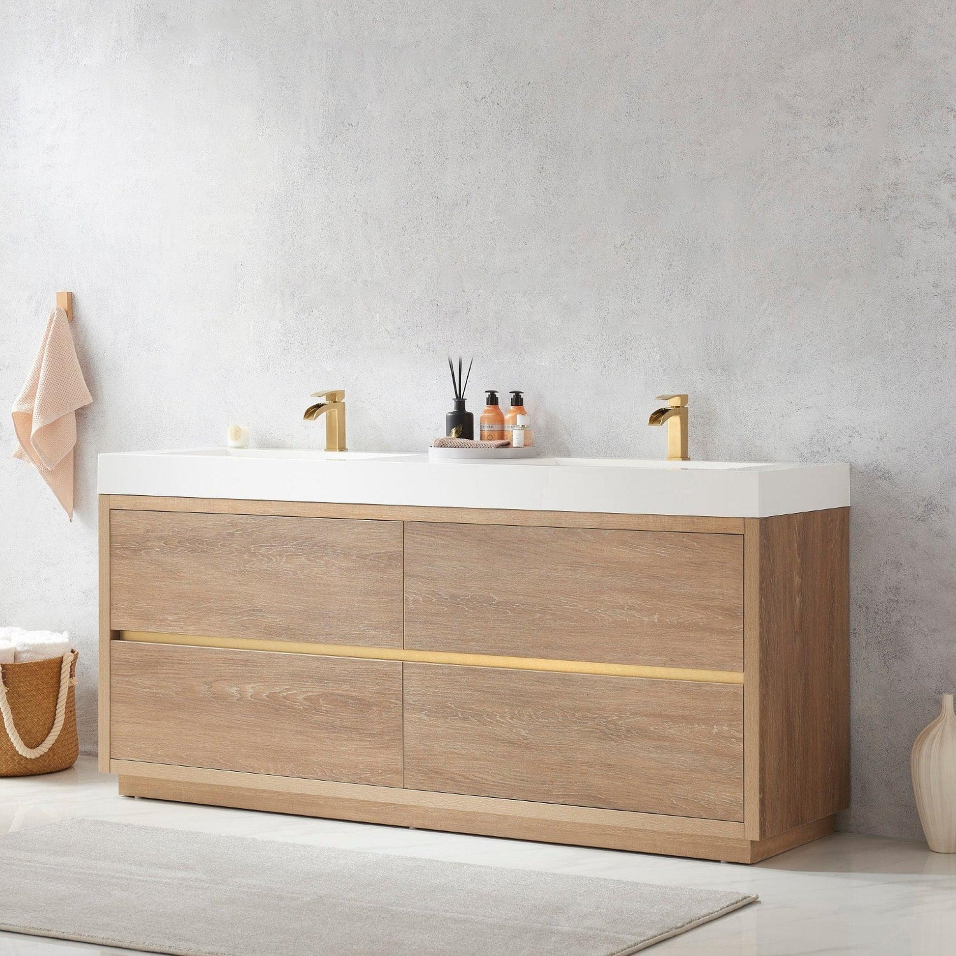 Vinnova Huesca 72" Double Sink Bath Vanity In North American Oak With White Composite Integral Square Sink Top