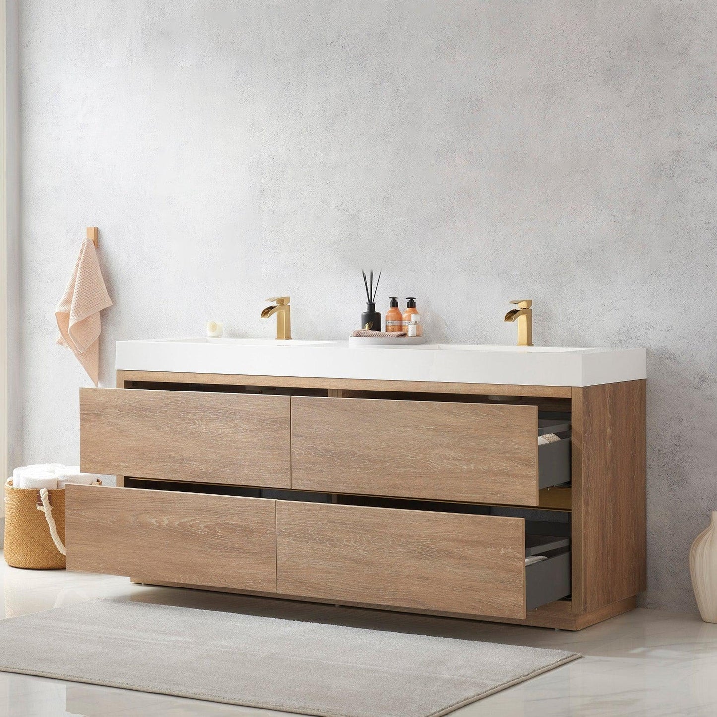 Vinnova Huesca 72" Double Sink Bath Vanity In North American Oak With White Composite Integral Square Sink Top