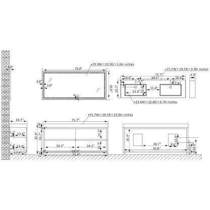 Vinnova Huesca 72" Double Sink Bath Vanity In North American Oak With White Composite Integral Square Sink Top And Mirror