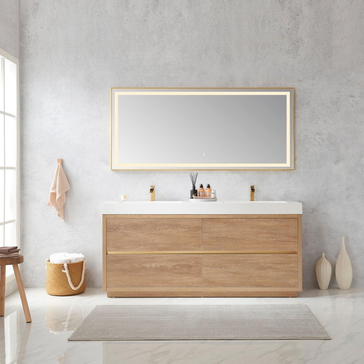 Vinnova Huesca 72" Double Sink Bath Vanity In North American Oak With White Composite Integral Square Sink Top And Mirror