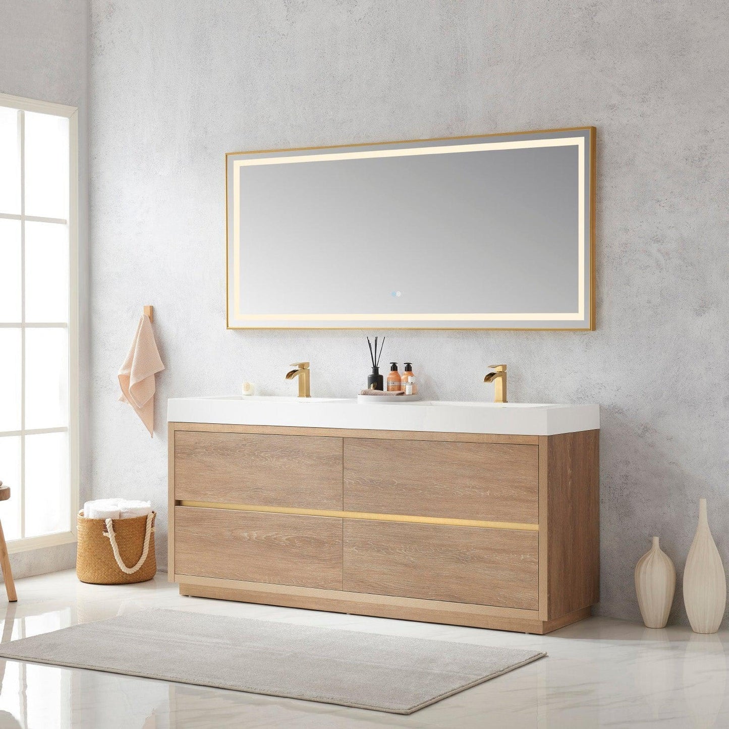 Vinnova Huesca 72" Double Sink Bath Vanity In North American Oak With White Composite Integral Square Sink Top And Mirror