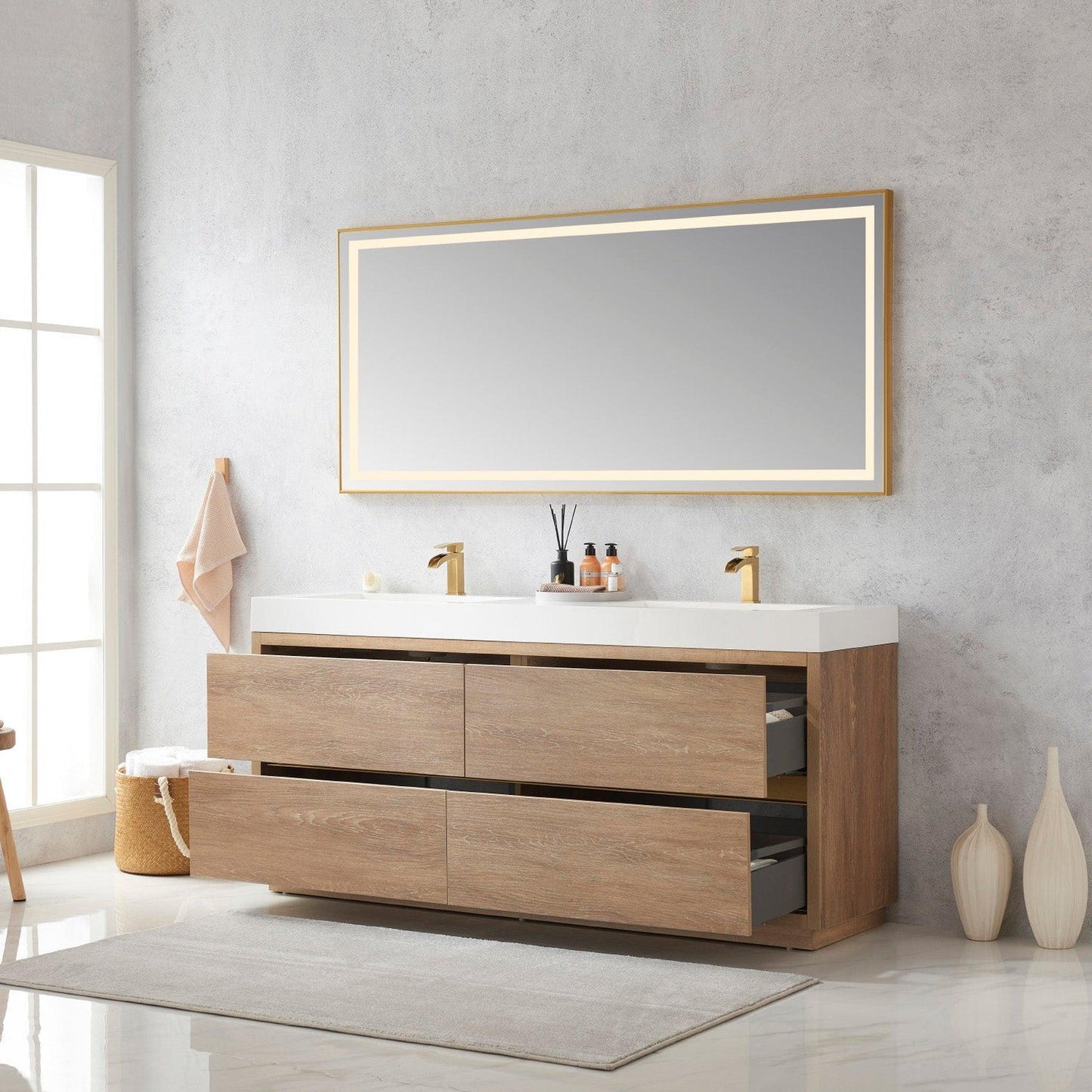 Vinnova Huesca 72" Double Sink Bath Vanity In North American Oak With White Composite Integral Square Sink Top And Mirror