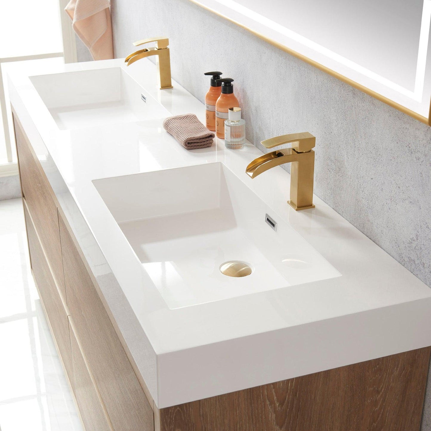 Vinnova Huesca 72" Double Sink Bath Vanity In North American Oak With White Composite Integral Square Sink Top And Mirror