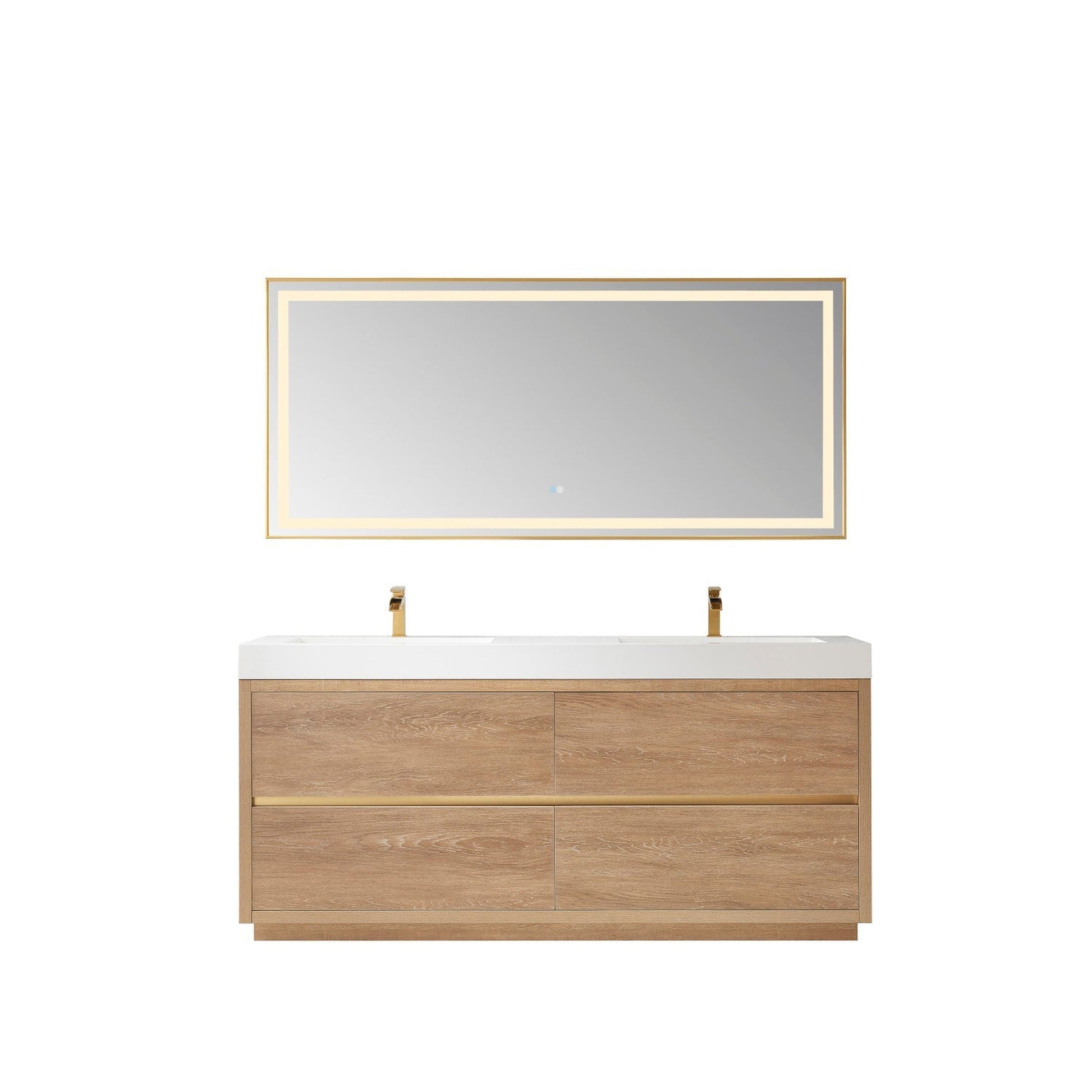 Vinnova Huesca 72" Double Sink Bath Vanity In North American Oak With White Composite Integral Square Sink Top And Mirror