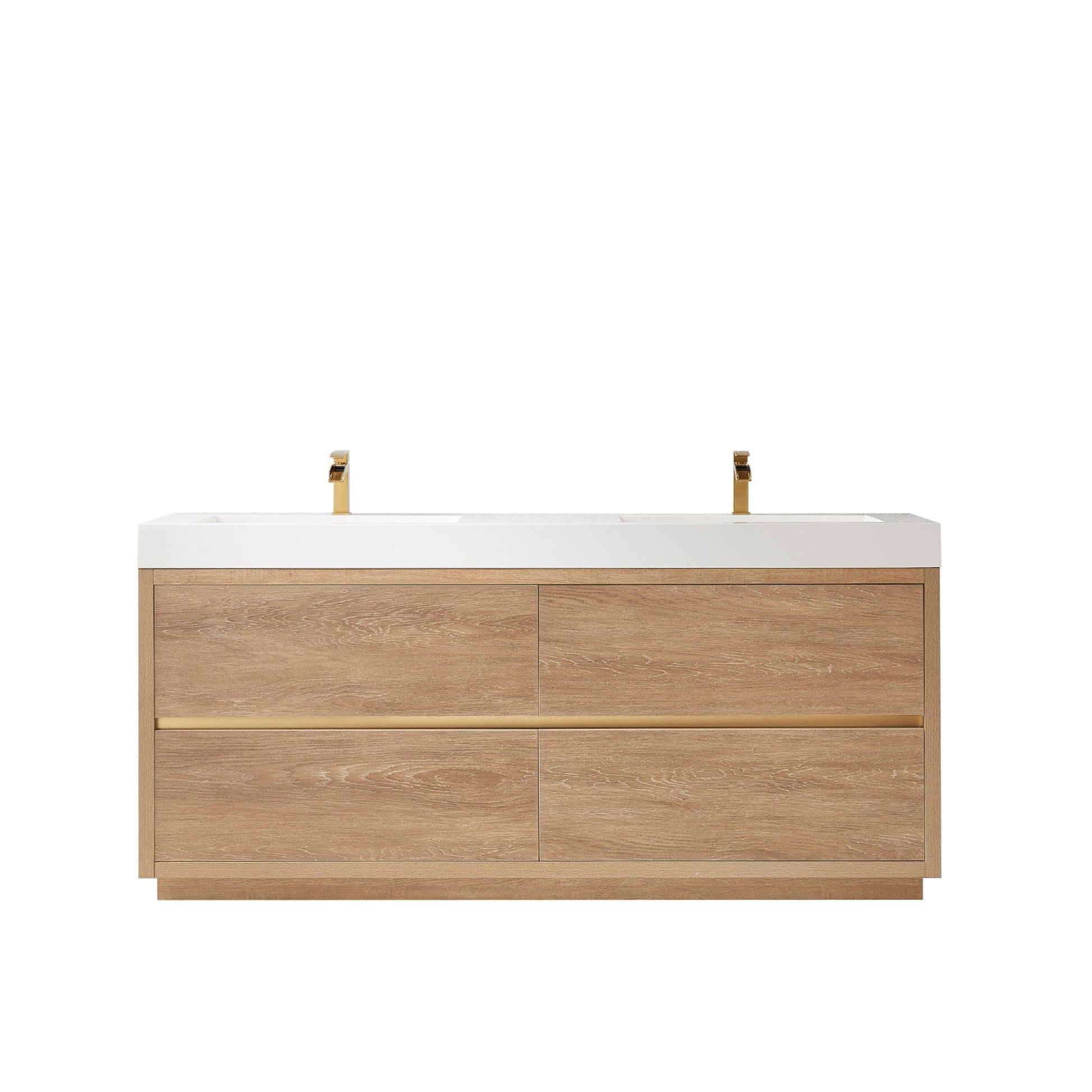 Vinnova Huesca 72" Double Sink Bath Vanity In North American Oak With White Composite Integral Square Sink Top