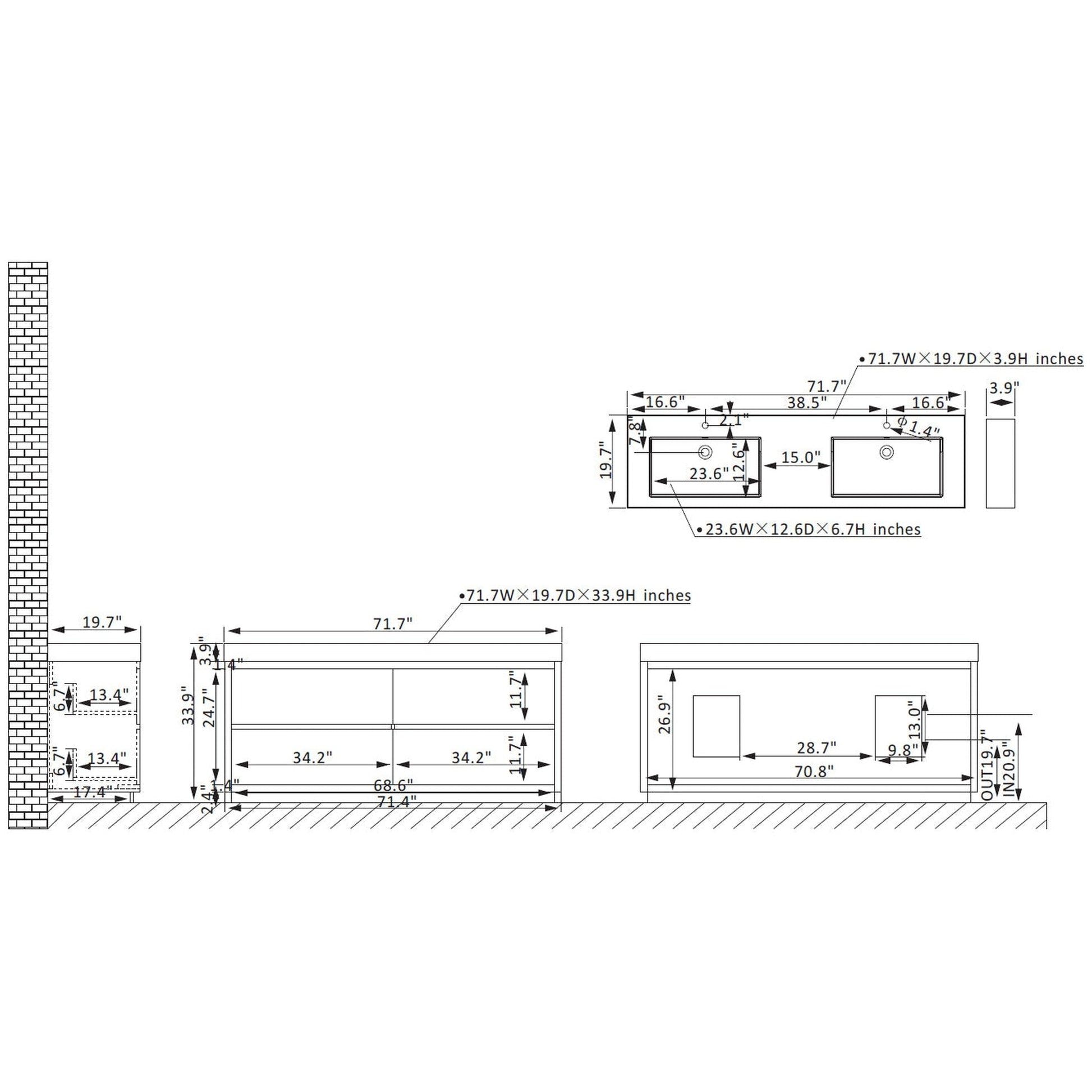 Vinnova Huesca 72" Double Sink Bath Vanity In North Carolina Oak With Grey Composite Integral Square Sink Top