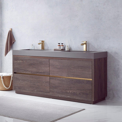 Vinnova Huesca 72" Double Sink Bath Vanity In North Carolina Oak With Grey Composite Integral Square Sink Top
