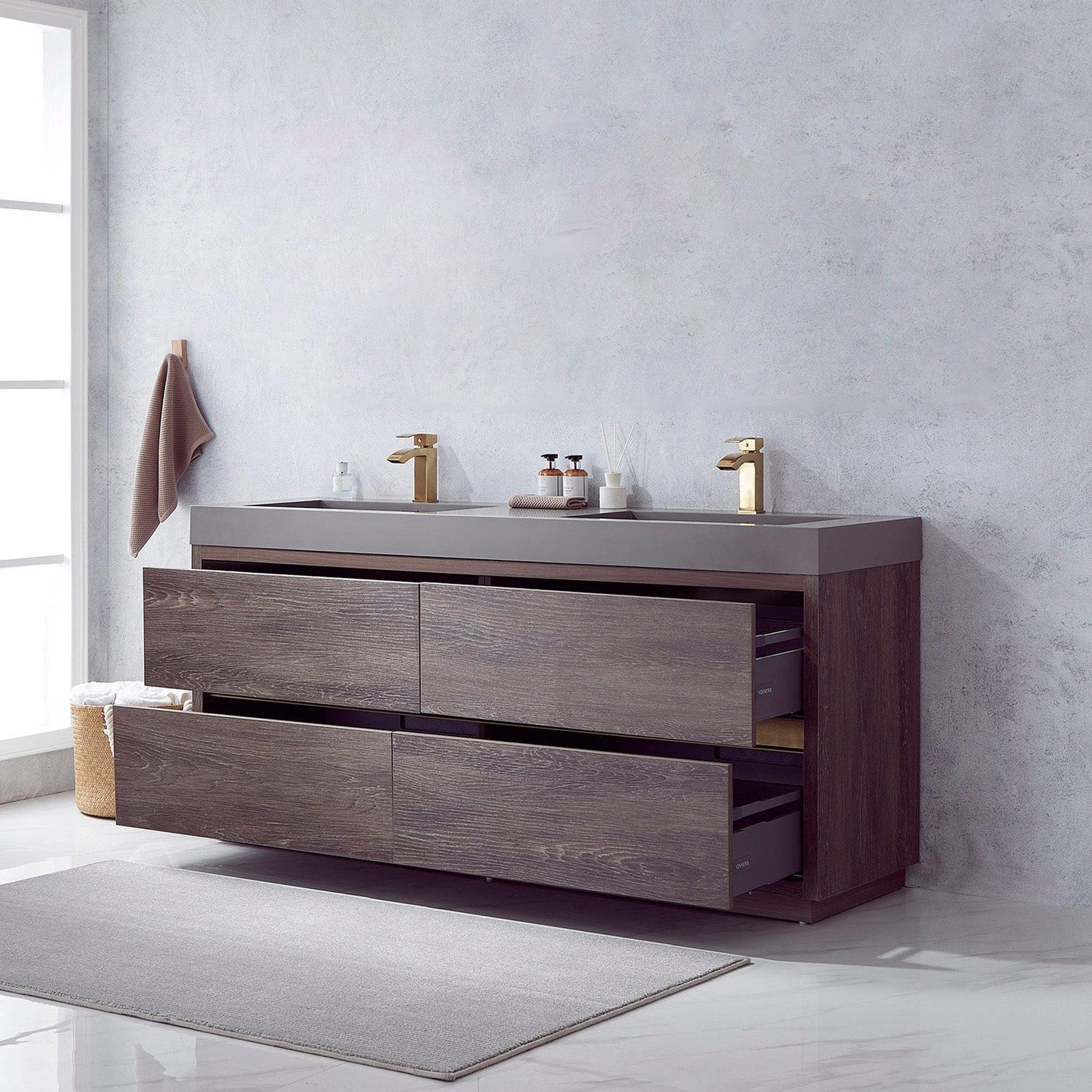 Vinnova Huesca 72" Double Sink Bath Vanity In North Carolina Oak With Grey Composite Integral Square Sink Top