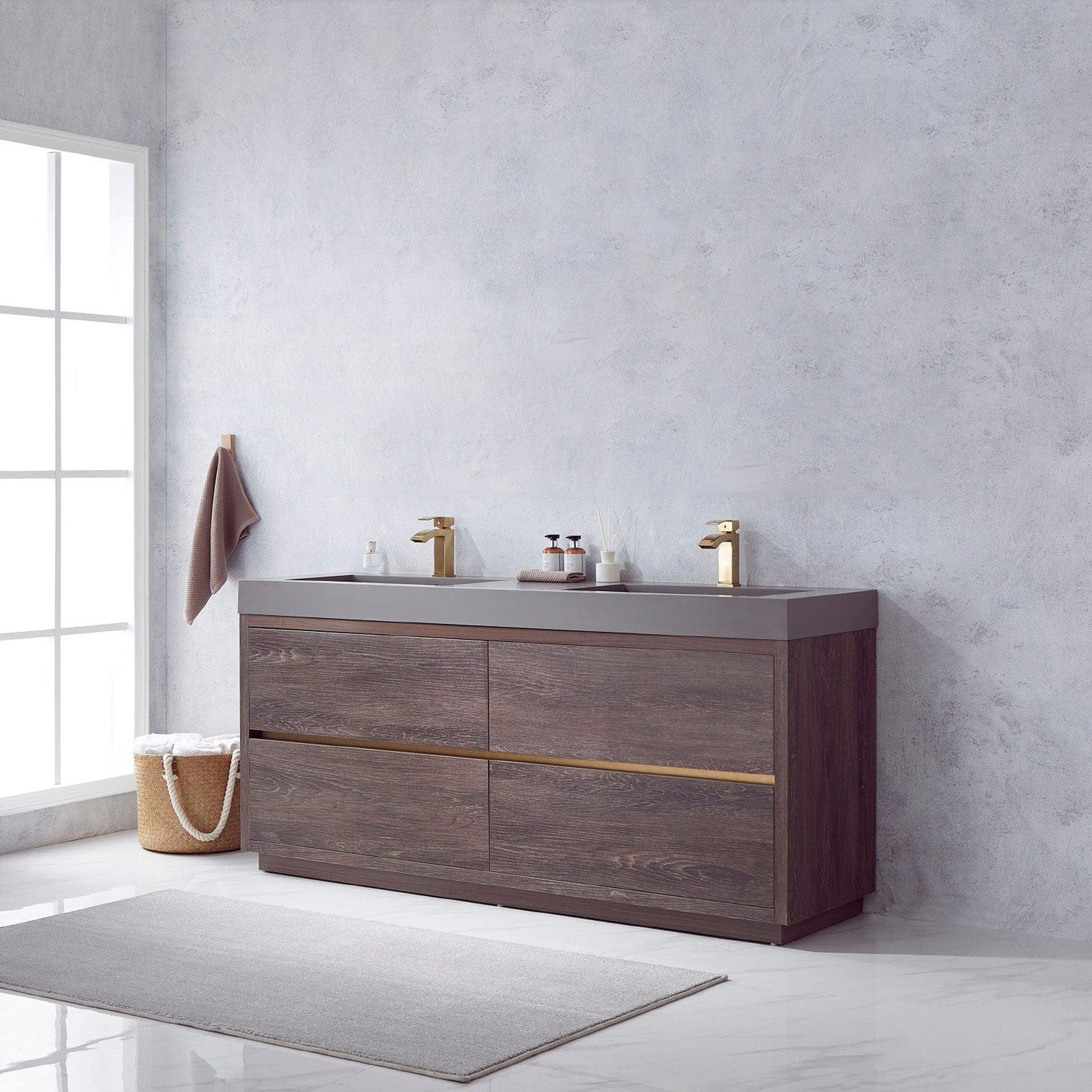 Vinnova Huesca 72" Double Sink Bath Vanity In North Carolina Oak With Grey Composite Integral Square Sink Top