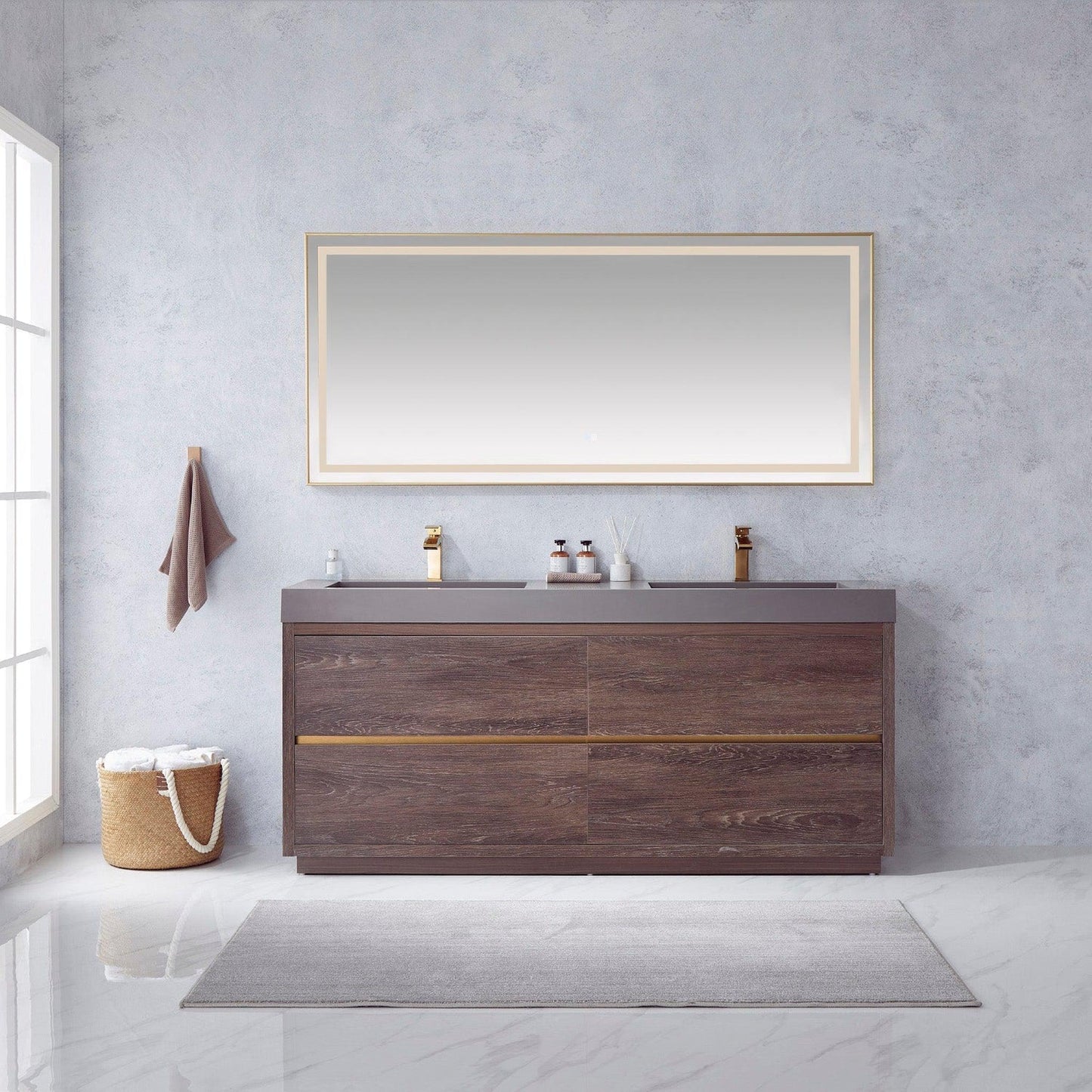 Vinnova Huesca 72" Double Sink Bath Vanity In North Carolina Oak With Grey Composite Integral Square Sink Top And Mirror