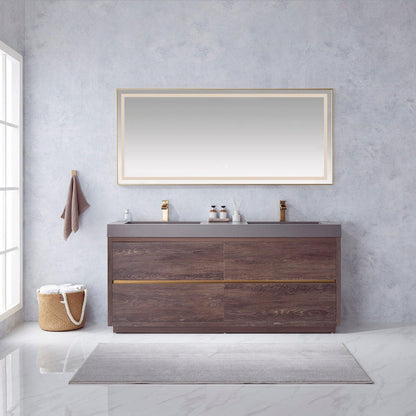 Vinnova Huesca 72" Double Sink Bath Vanity In North Carolina Oak With Grey Composite Integral Square Sink Top And Mirror