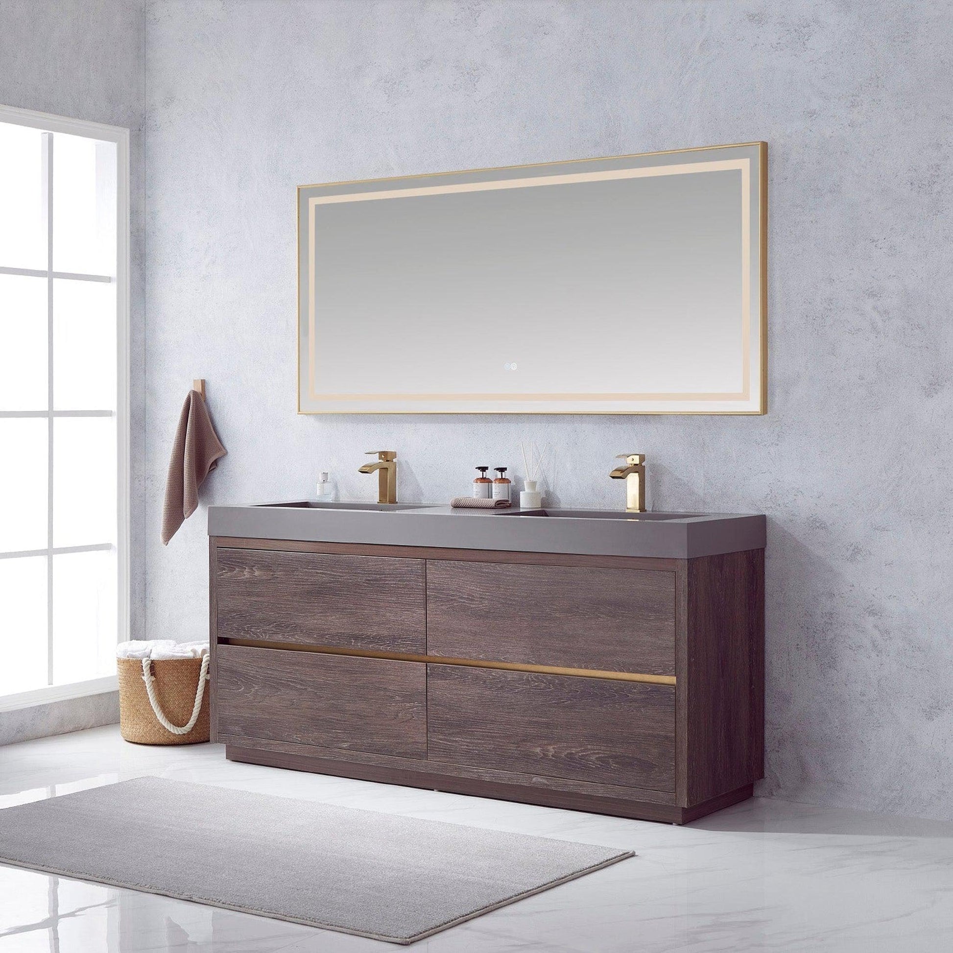 Vinnova Huesca 72" Double Sink Bath Vanity In North Carolina Oak With Grey Composite Integral Square Sink Top And Mirror