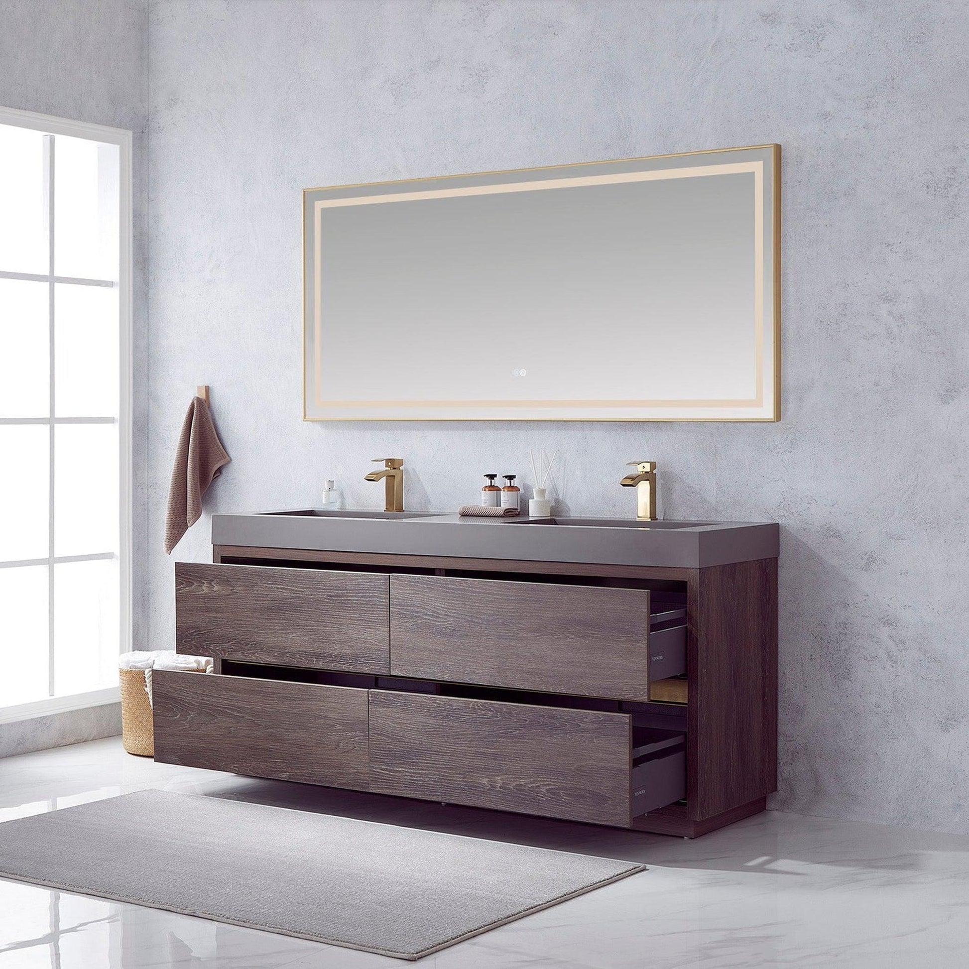 Vinnova Huesca 72" Double Sink Bath Vanity In North Carolina Oak With Grey Composite Integral Square Sink Top And Mirror