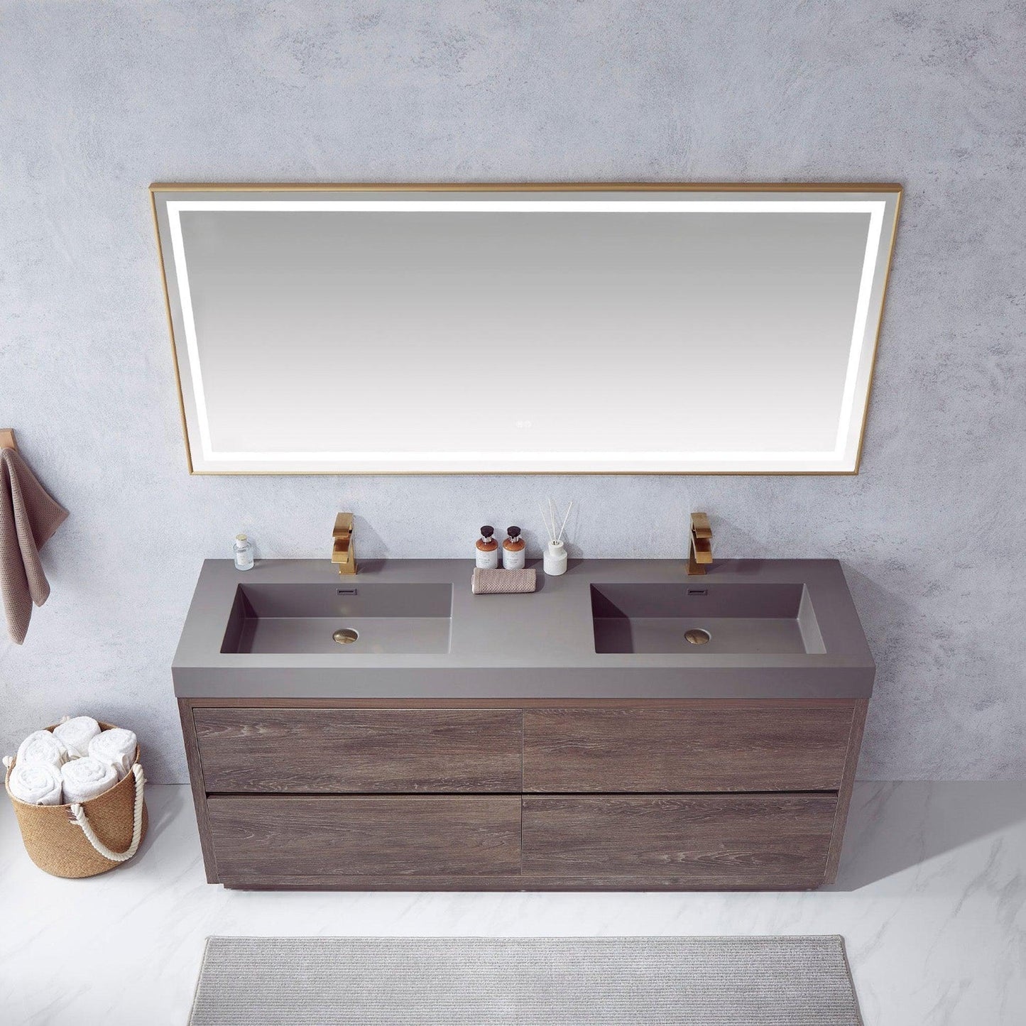 Vinnova Huesca 72" Double Sink Bath Vanity In North Carolina Oak With Grey Composite Integral Square Sink Top And Mirror