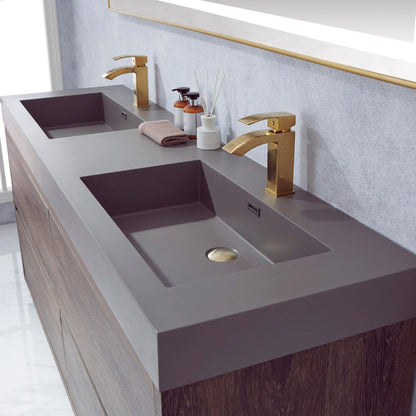 Vinnova Huesca 72" Double Sink Bath Vanity In North Carolina Oak With Grey Composite Integral Square Sink Top And Mirror