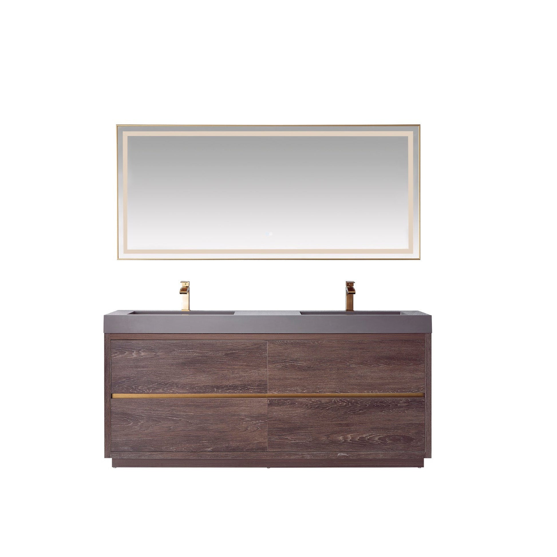 Vinnova Huesca 72" Double Sink Bath Vanity In North Carolina Oak With Grey Composite Integral Square Sink Top And Mirror