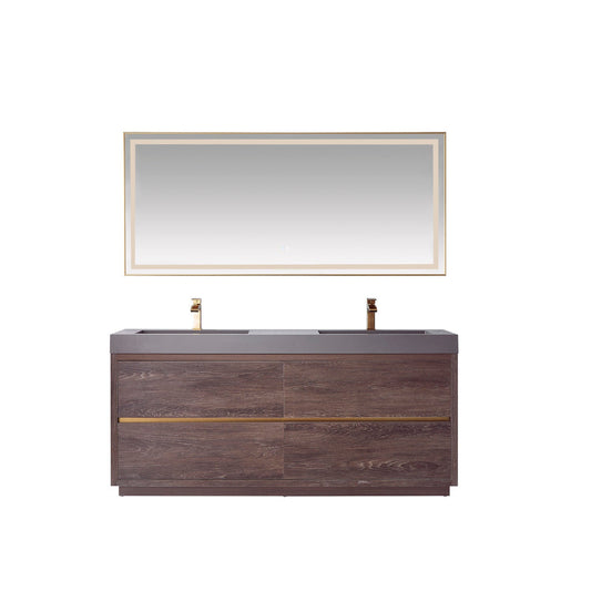 Vinnova Huesca 72" Double Sink Bath Vanity In North Carolina Oak With Grey Composite Integral Square Sink Top And Mirror