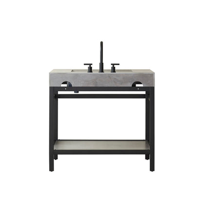 Vinnova Lleida 36" Single Sink Bath Vanity In Matt Black Metal Support With Grey Sintered Stone Top And Mirror