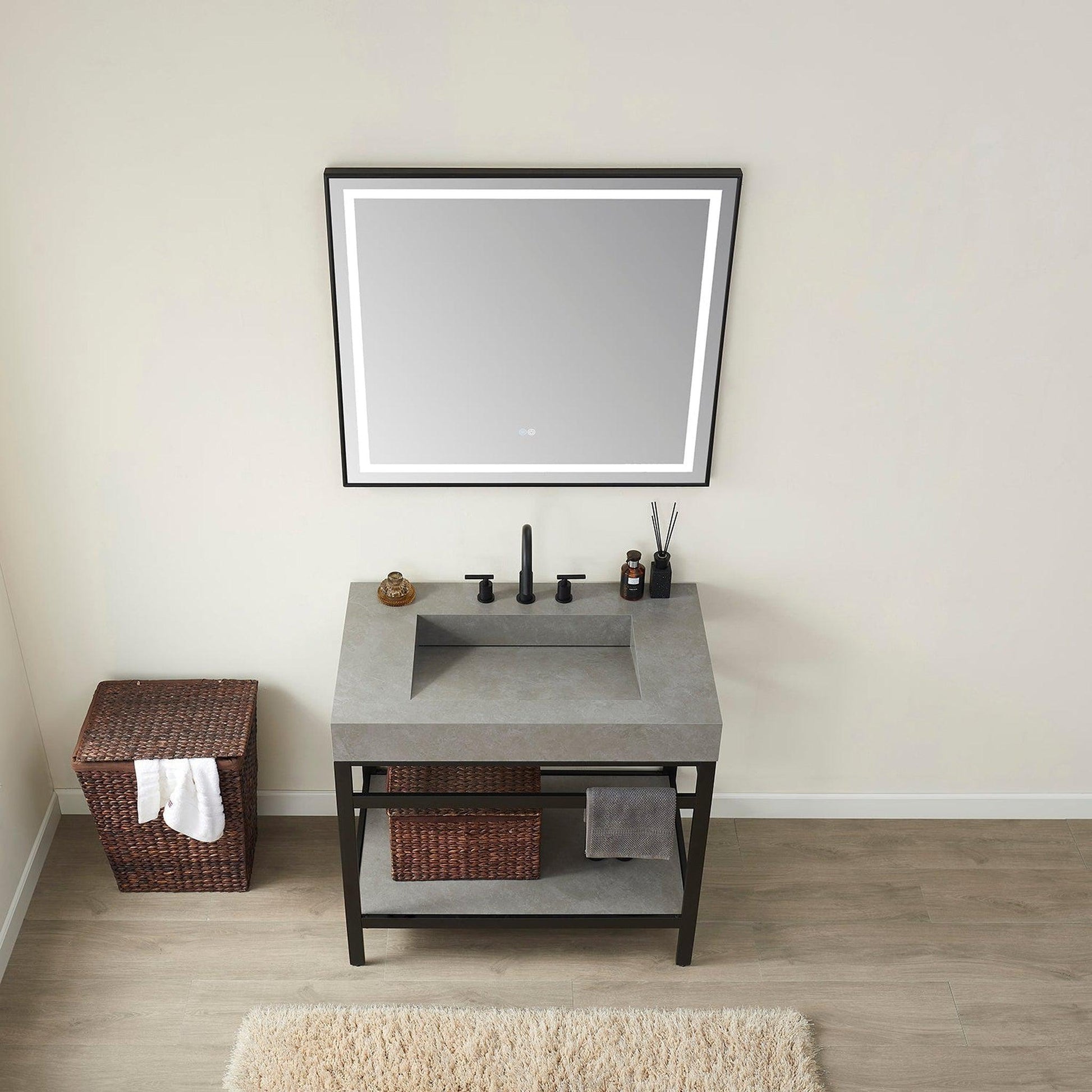 Vinnova Lleida 36" Single Sink Bath Vanity In Matt Black Metal Support With Grey Sintered Stone Top And Mirror