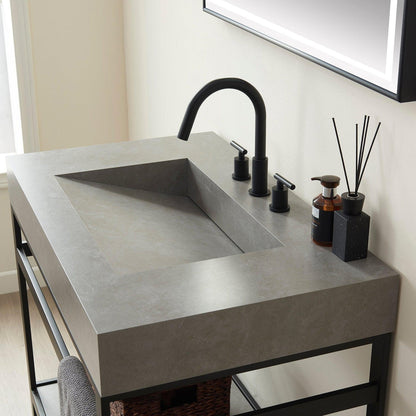 Vinnova Lleida 36" Single Sink Bath Vanity In Matt Black Metal Support With Grey Sintered Stone Top And Mirror