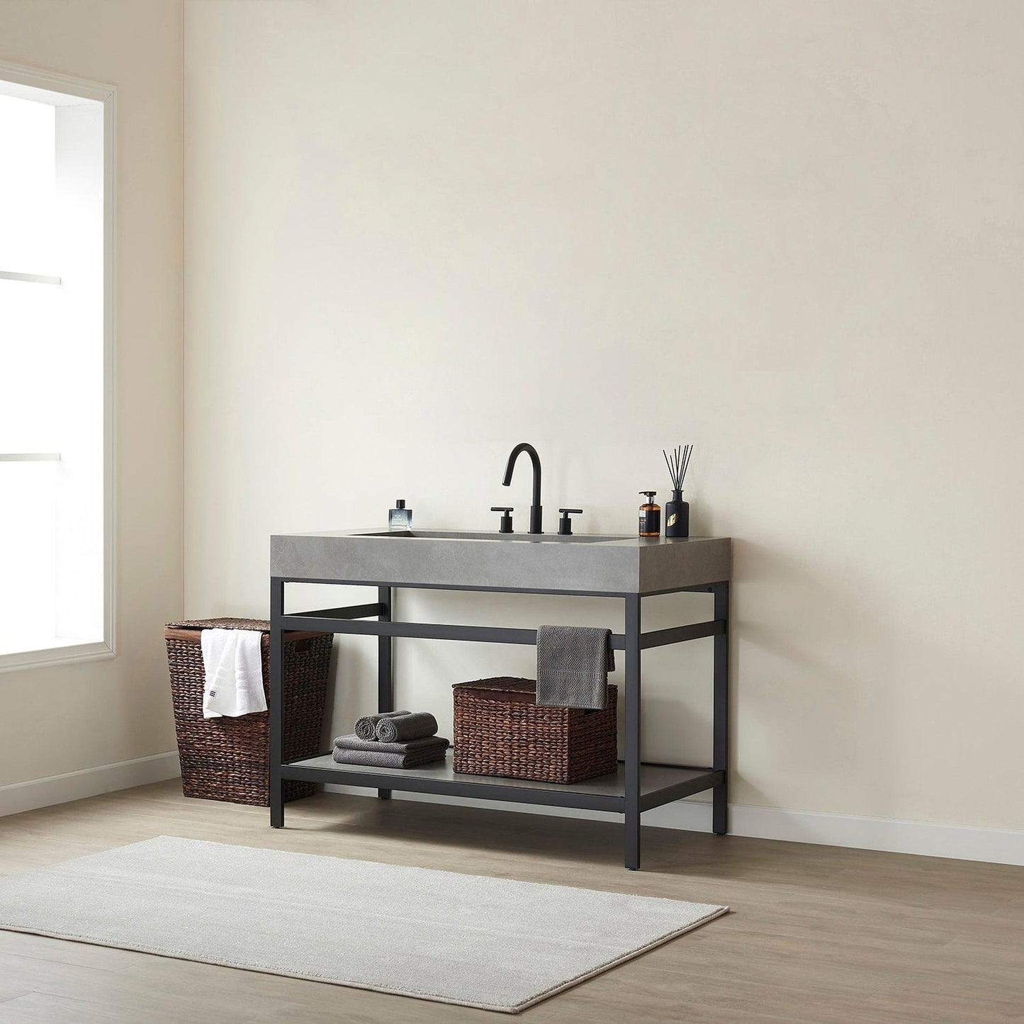 Vinnova Lleida 48" Single Sink Bath Vanity In Matt Black Metal Support With Grey Sintered Stone Top