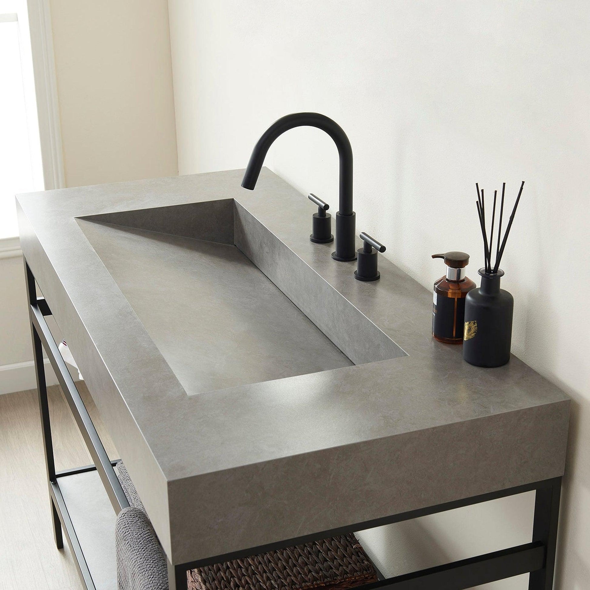 Vinnova Lleida 48" Single Sink Bath Vanity In Matt Black Metal Support With Grey Sintered Stone Top