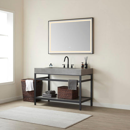 Vinnova Lleida 48" Single Sink Bath Vanity In Matt Black Metal Support With Grey Sintered Stone Top And Mirror