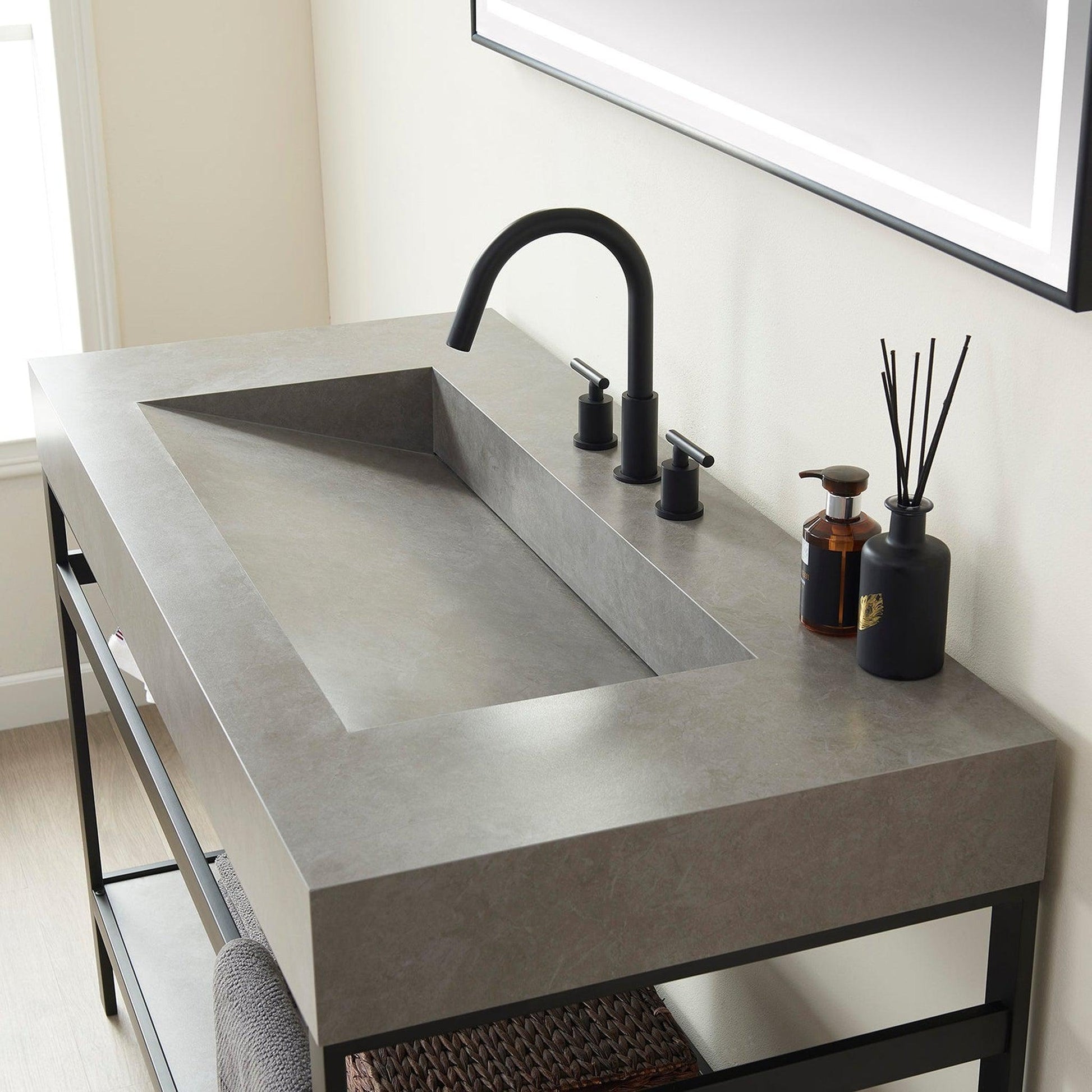 Vinnova Lleida 48" Single Sink Bath Vanity In Matt Black Metal Support With Grey Sintered Stone Top And Mirror