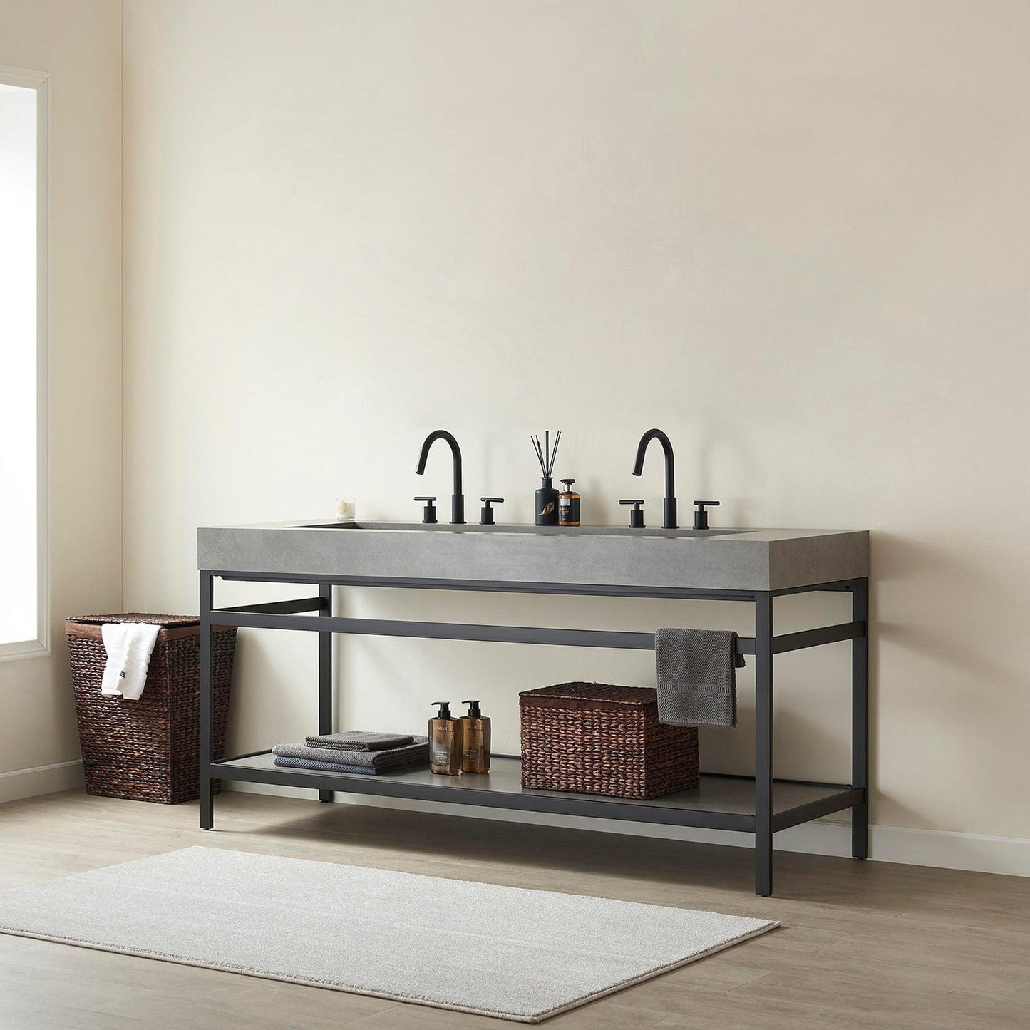 Vinnova Lleida 72" Single Sink Bath Vanity In Matt Black Metal Support With Grey Sintered Stone Top