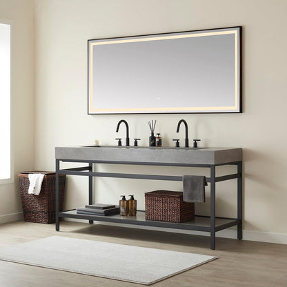 Vinnova Lleida 72" Single Sink Bath Vanity In Matt Black Metal Support With Grey Sintered Stone Top And Mirror