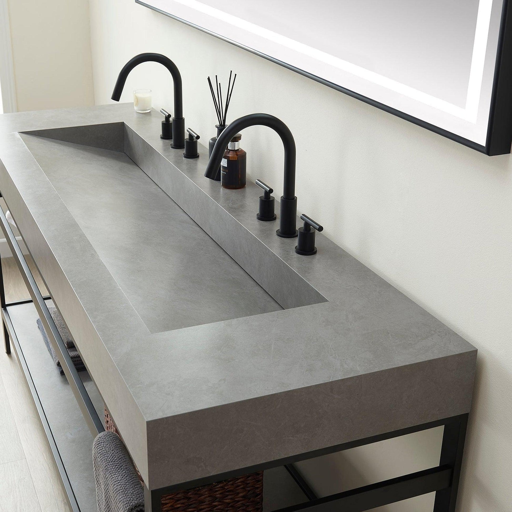 Vinnova Lleida 72" Single Sink Bath Vanity In Matt Black Metal Support With Grey Sintered Stone Top And Mirror