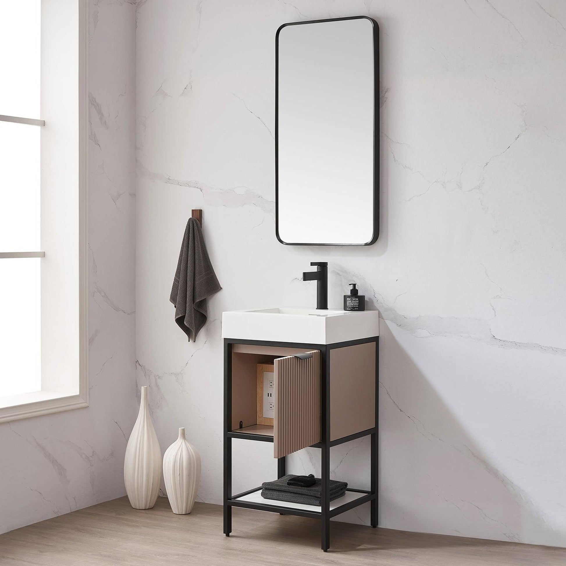 Vinnova Marcilla 18" Single Sink Bath Vanity In Almond Coffee With One-Piece Composite Stone Sink Top And Mirror