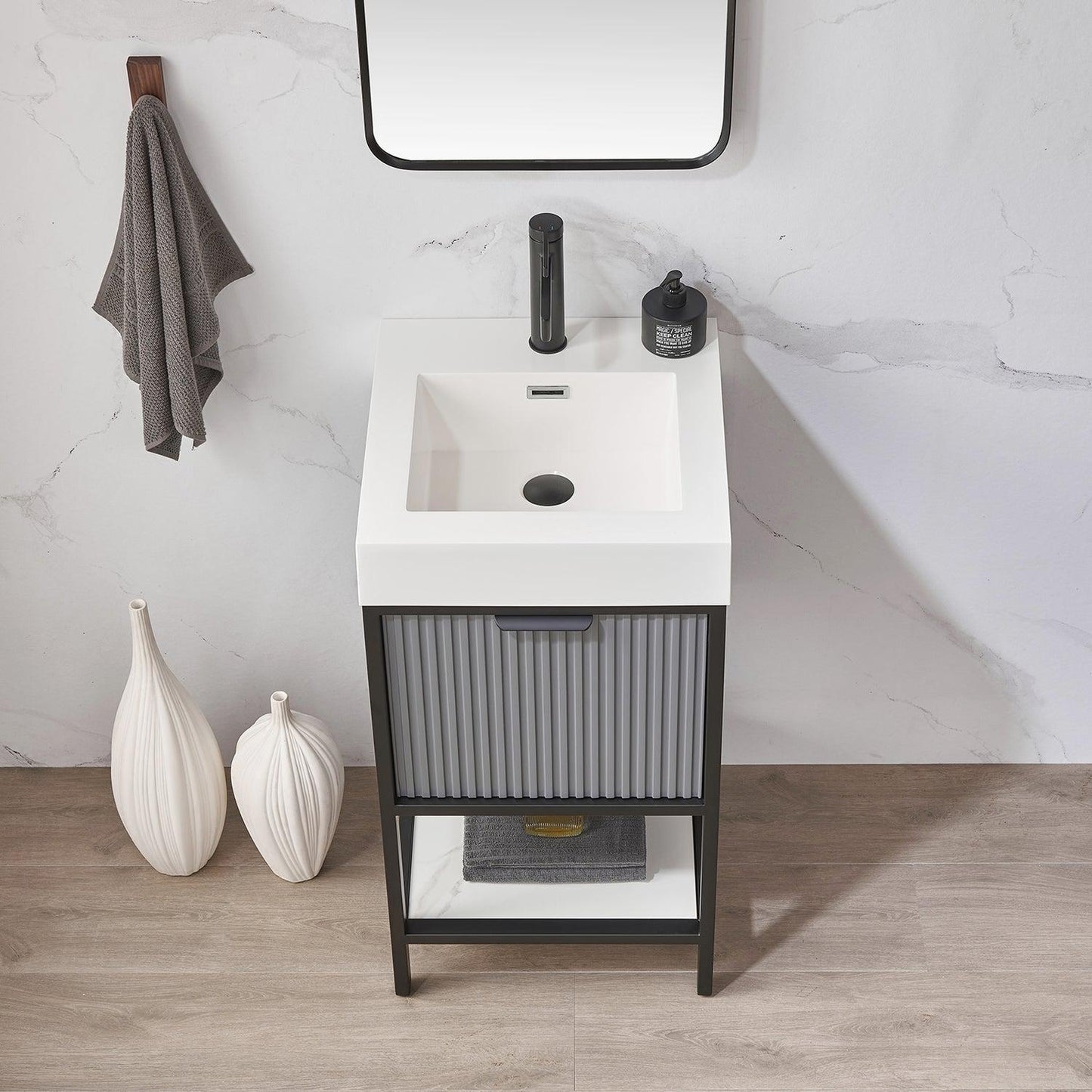 Vinnova Marcilla 18" Single Sink Bath Vanity In Grey With One-Piece Composite Stone Sink Top And Mirror