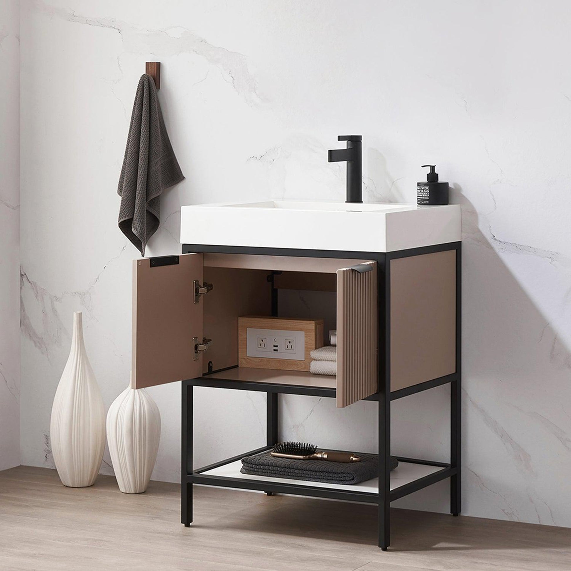 Vinnova Marcilla 24" Single Sink Bath Vanity In Almond Coffee With One-Piece Composite Stone Sink Top