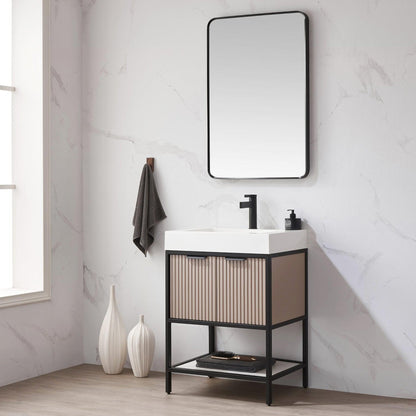Vinnova Marcilla 24" Single Sink Bath Vanity In Almond Coffee With One-Piece Composite Stone Sink Top And Mirror