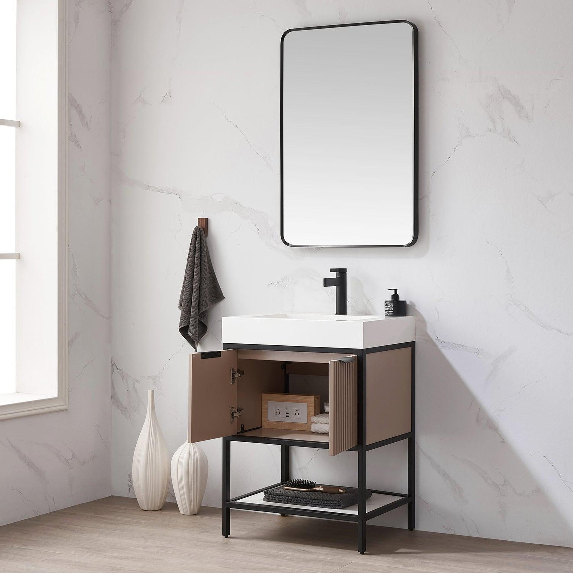 Vinnova Marcilla 24" Single Sink Bath Vanity In Almond Coffee With One-Piece Composite Stone Sink Top And Mirror