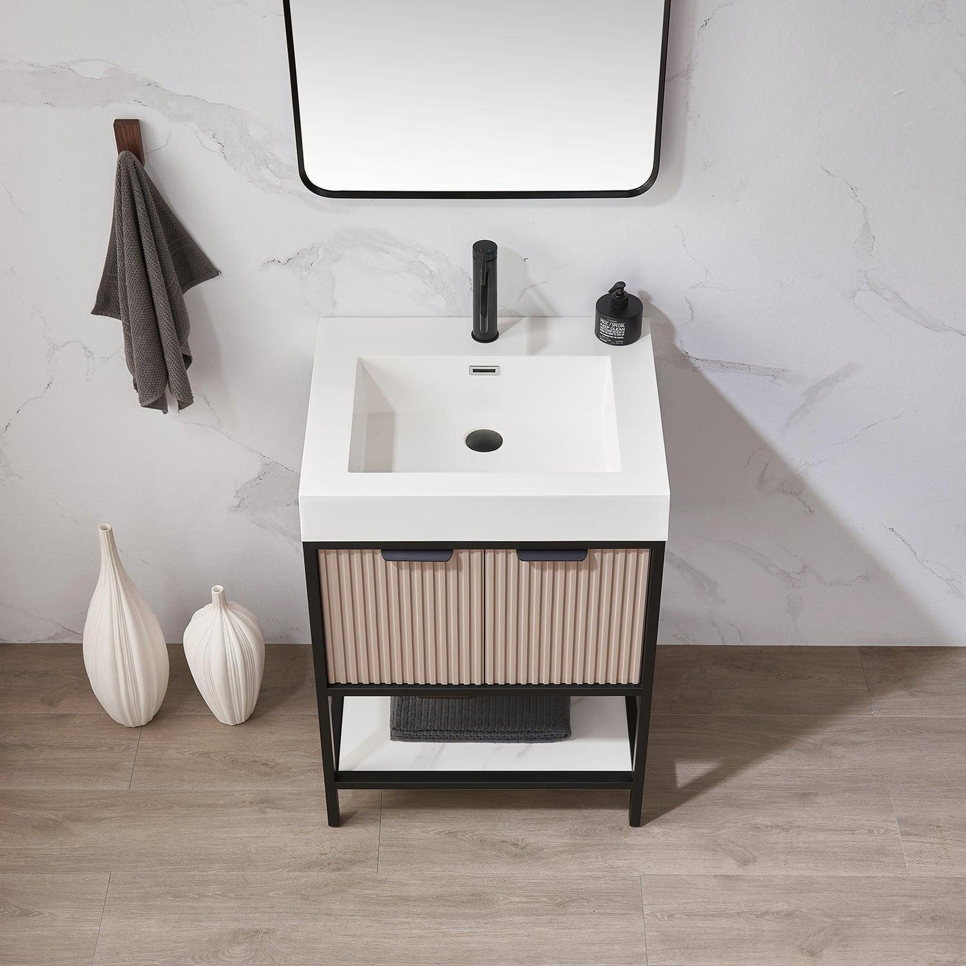 Vinnova Marcilla 24" Single Sink Bath Vanity In Almond Coffee With One-Piece Composite Stone Sink Top And Mirror