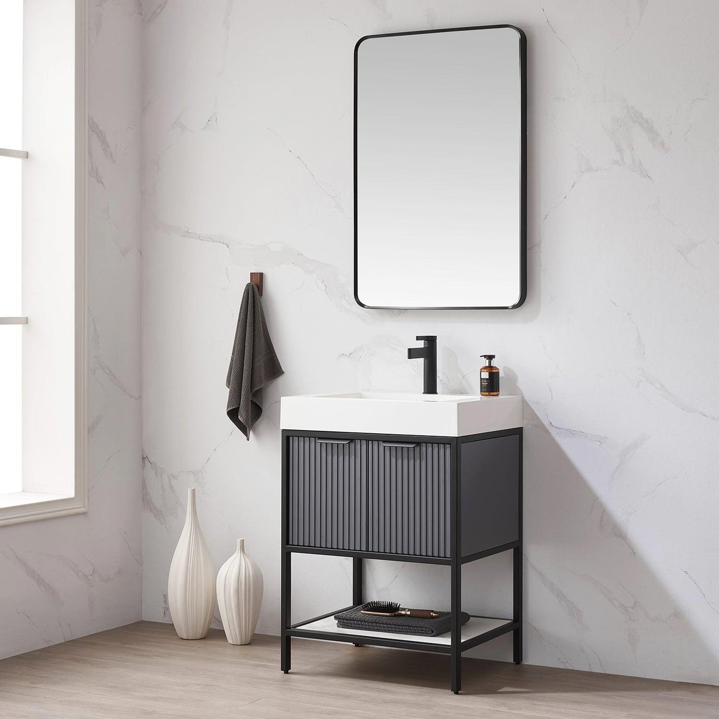 Vinnova Marcilla 24" Single Sink Bath Vanity In Grey With One-Piece Composite Stone Sink Top And Mirror