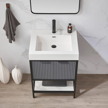 Vinnova Marcilla 24" Single Sink Bath Vanity In Grey With One-Piece Composite Stone Sink Top And Mirror