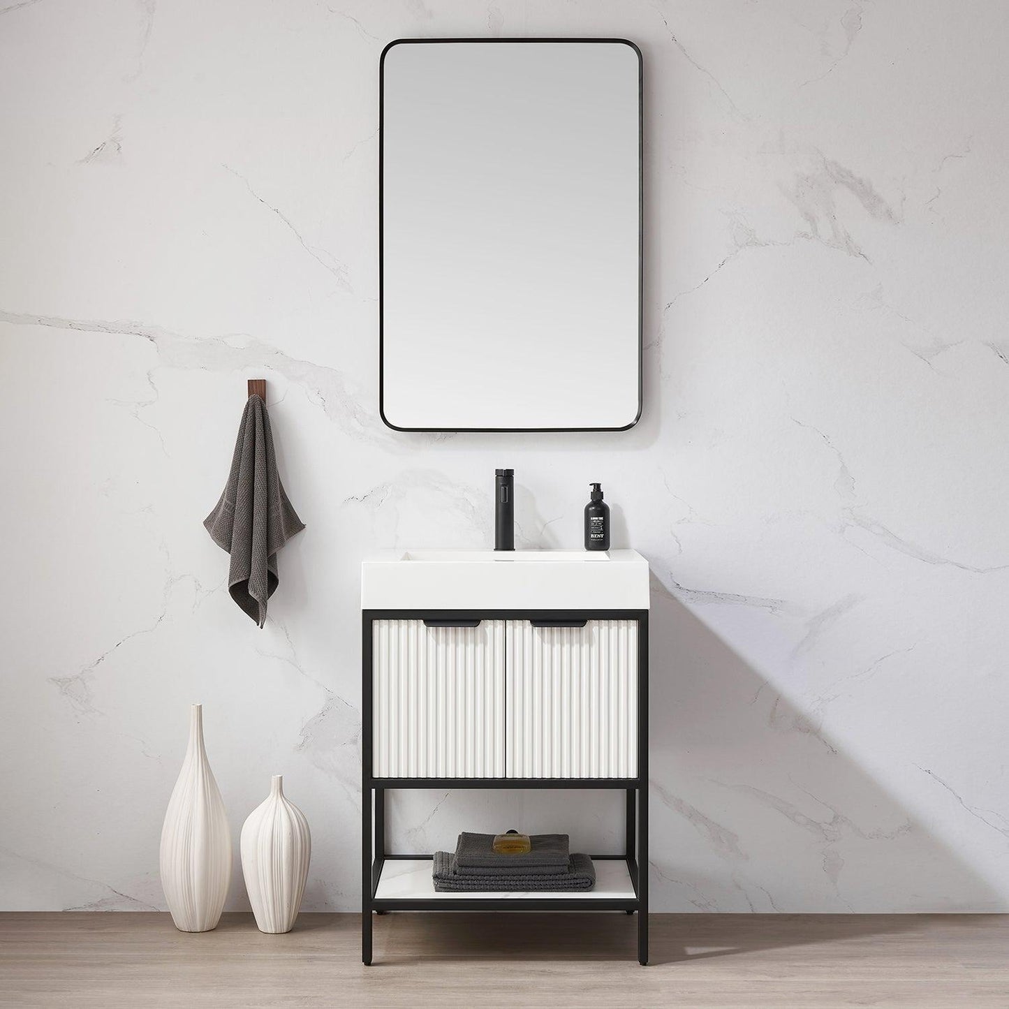 Vinnova Marcilla 24" Single Sink Bath Vanity In White With One-Piece Composite Stone Sink Top And Mirror