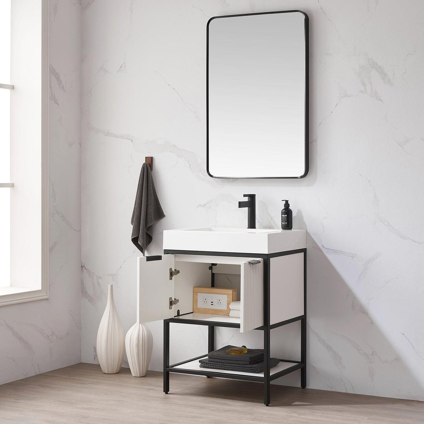 Vinnova Marcilla 24" Single Sink Bath Vanity In White With One-Piece Composite Stone Sink Top And Mirror