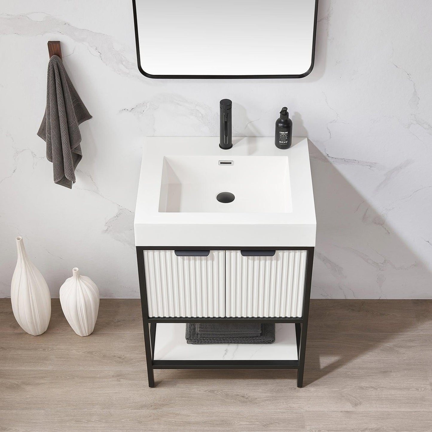 Vinnova Marcilla 24" Single Sink Bath Vanity In White With One-Piece Composite Stone Sink Top And Mirror