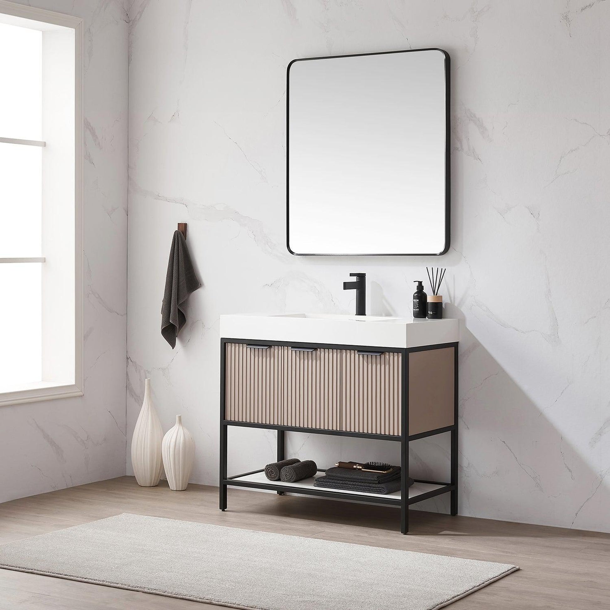 Vinnova Marcilla 36" Single Sink Bath Vanity In Almond Coffee With One-Piece Composite Stone Sink Top And Mirror