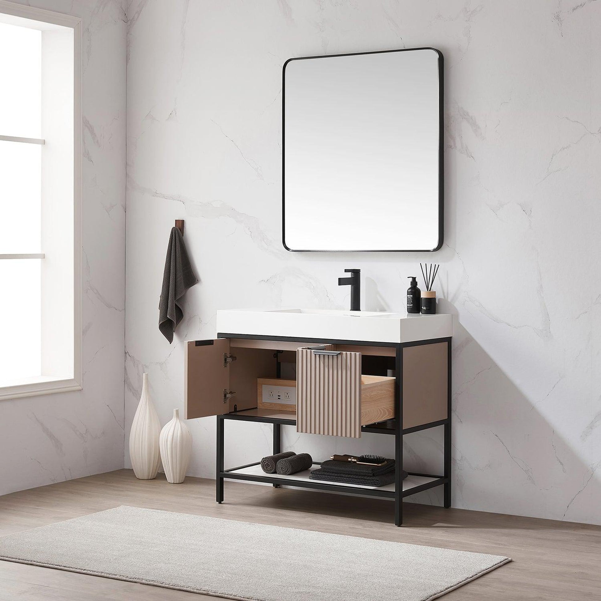 Vinnova Marcilla 36" Single Sink Bath Vanity In Almond Coffee With One-Piece Composite Stone Sink Top And Mirror