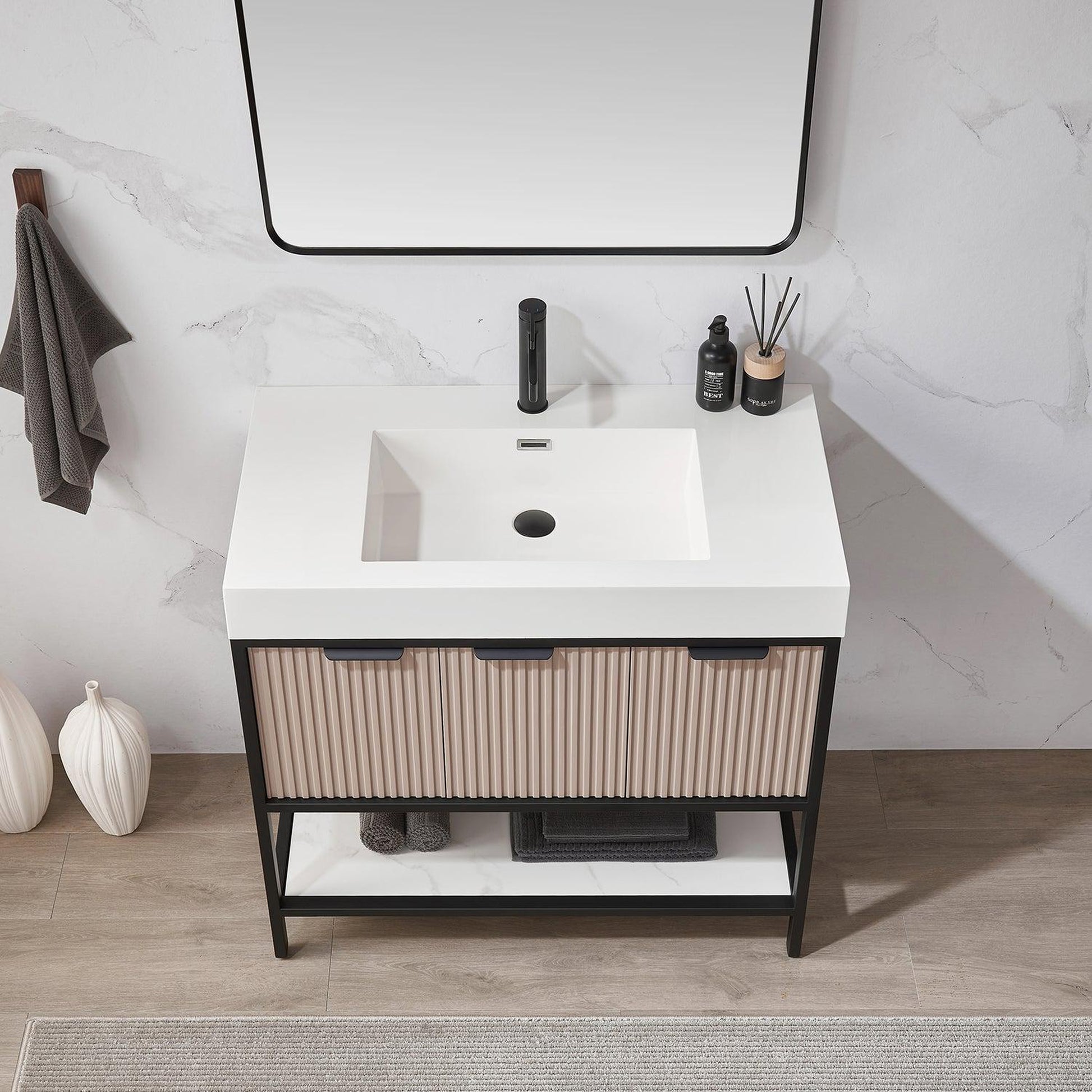 Vinnova Marcilla 36" Single Sink Bath Vanity In Almond Coffee With One-Piece Composite Stone Sink Top And Mirror