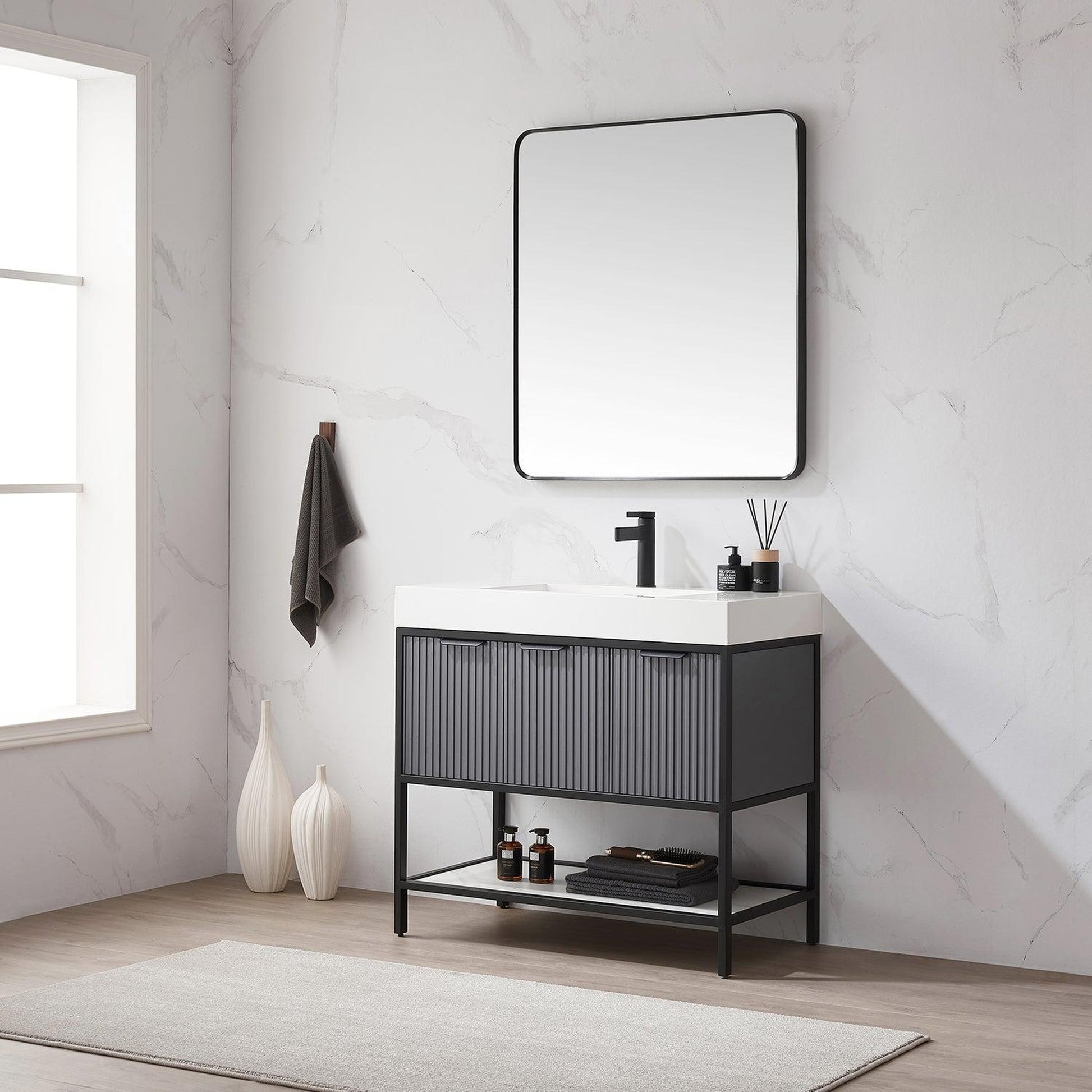 Vinnova Marcilla 36" Single Sink Bath Vanity In Grey With One-Piece Composite Stone Sink Top And Mirror