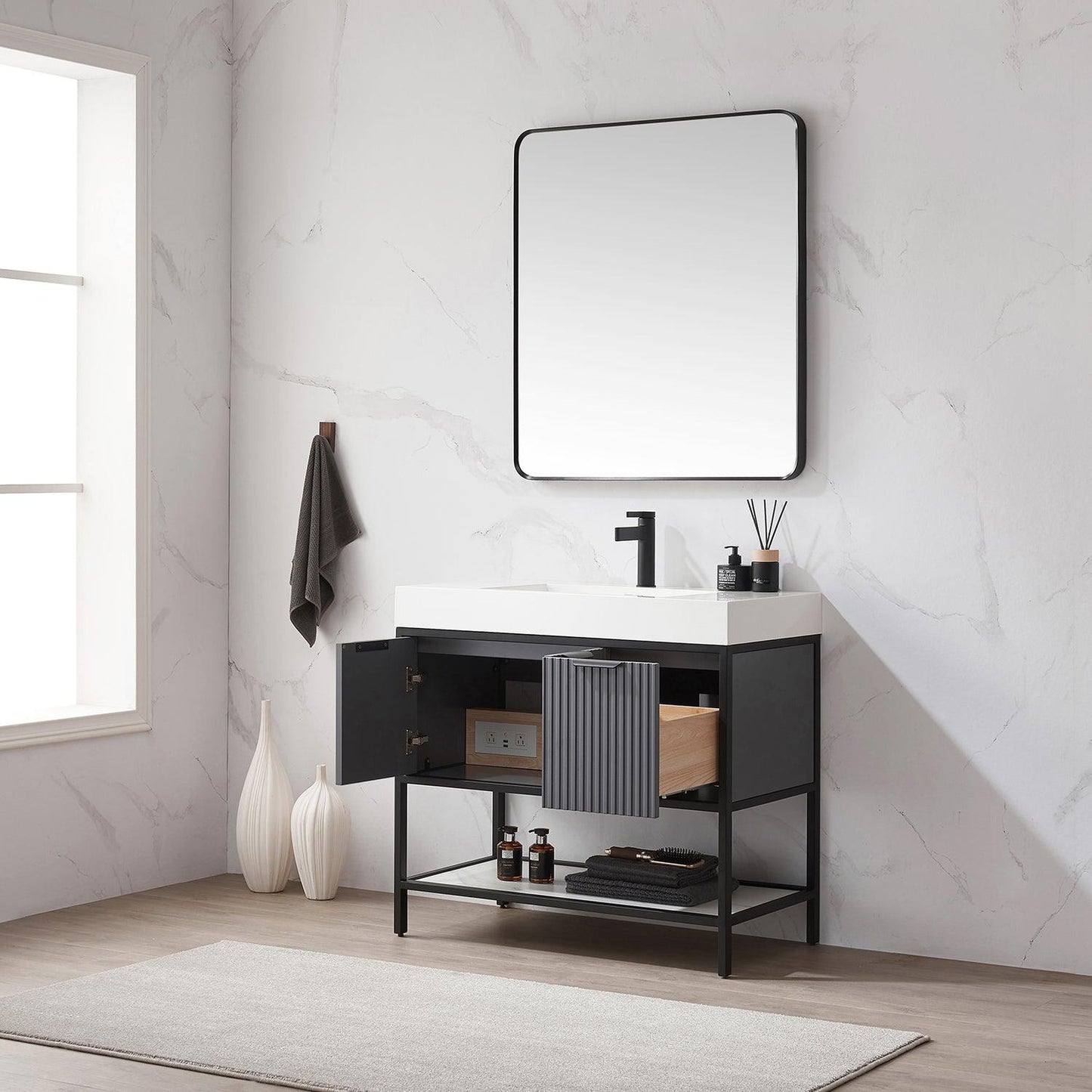 Vinnova Marcilla 36" Single Sink Bath Vanity In Grey With One-Piece Composite Stone Sink Top And Mirror