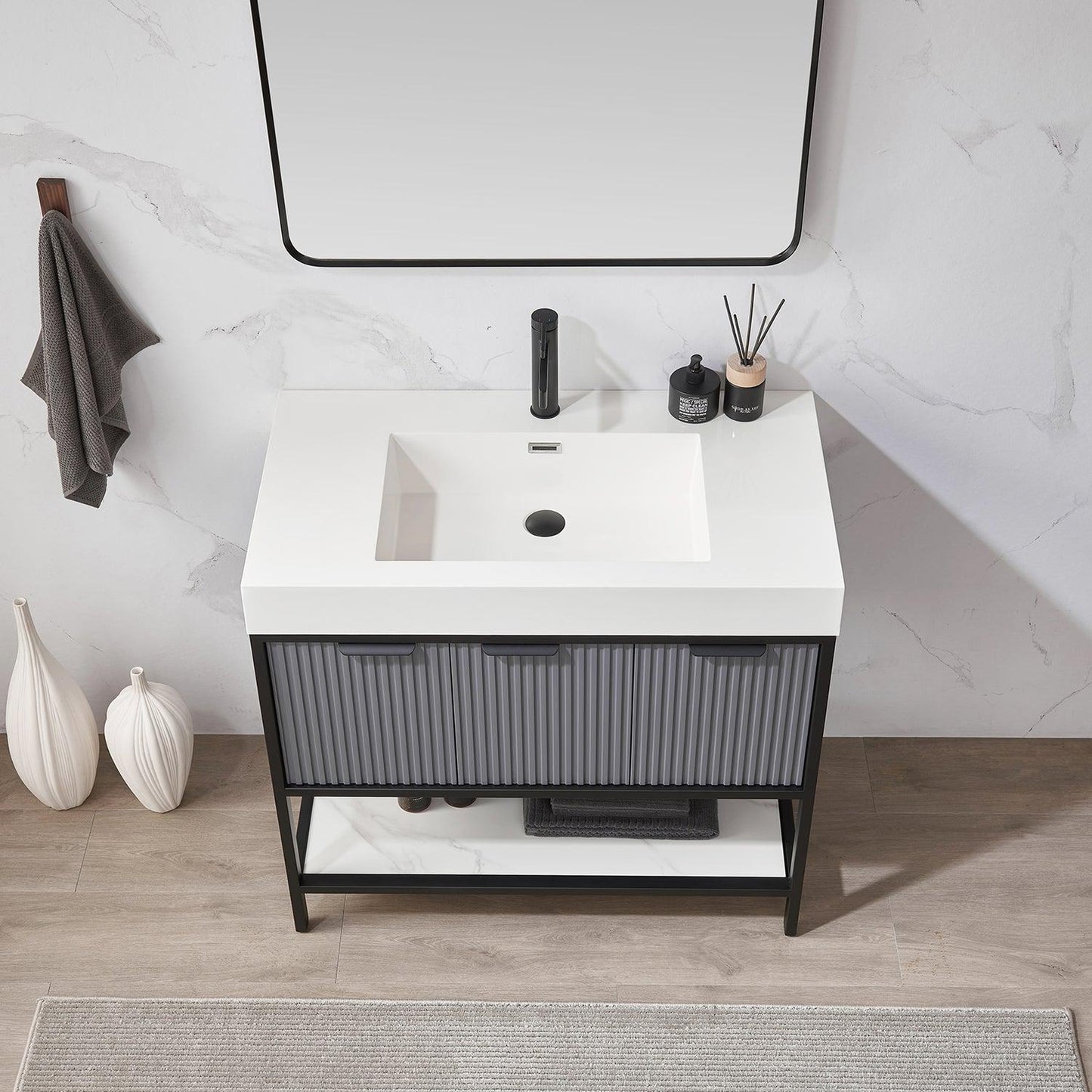 Vinnova Marcilla 36" Single Sink Bath Vanity In Grey With One-Piece Composite Stone Sink Top And Mirror