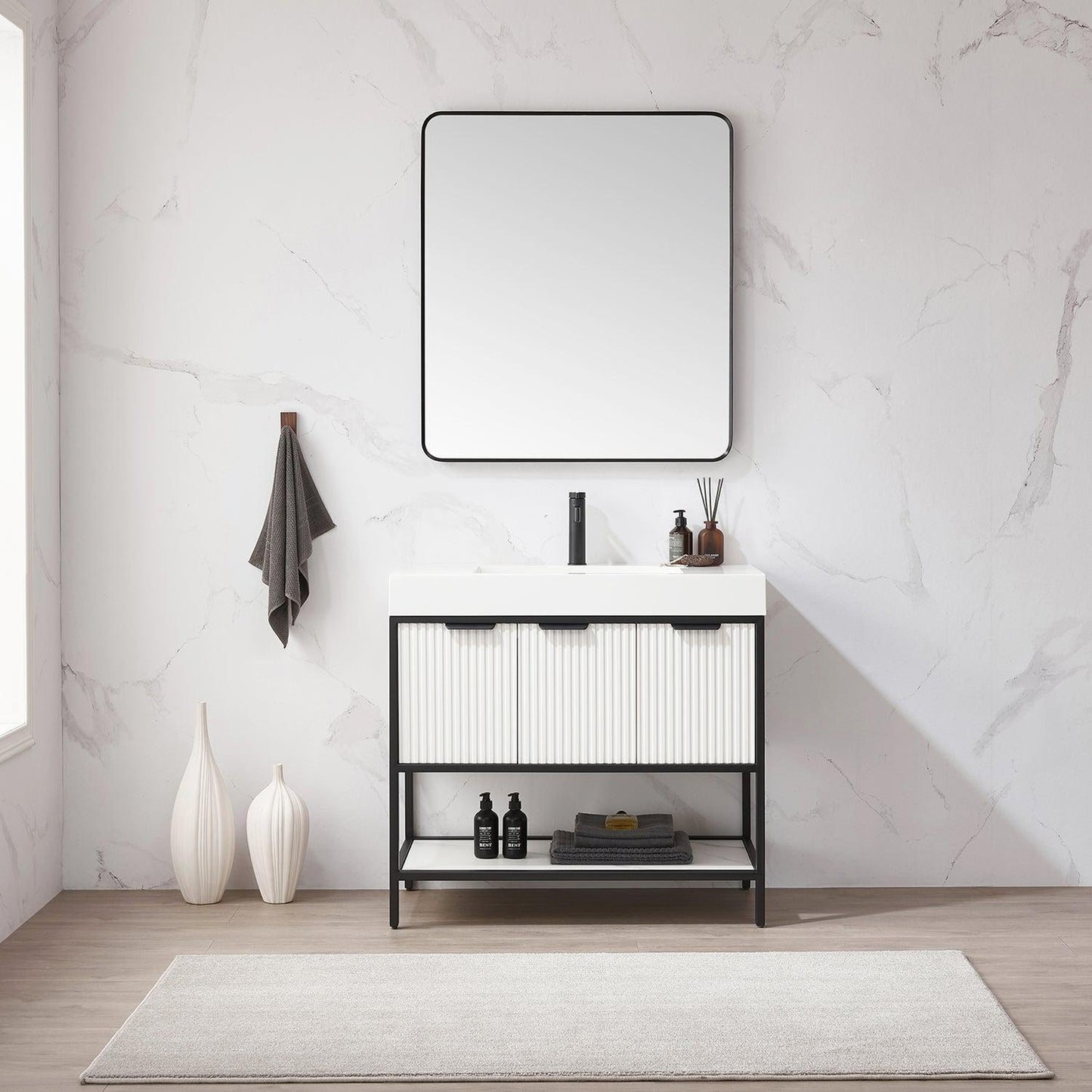 Vinnova Marcilla 36" Single Sink Bath Vanity In White With One-Piece Composite Stone Sink Top And Mirror