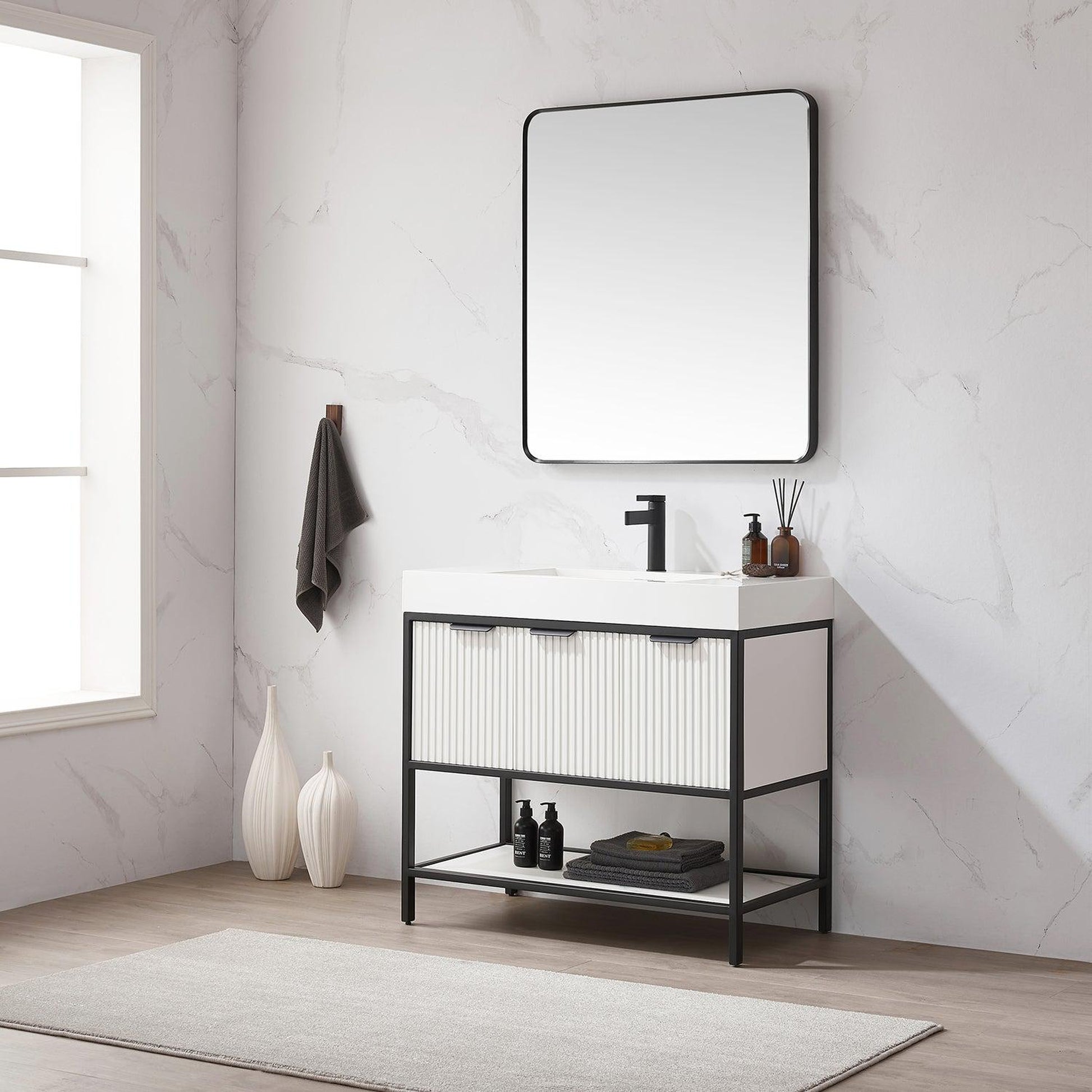 Vinnova Marcilla 36" Single Sink Bath Vanity In White With One-Piece Composite Stone Sink Top And Mirror